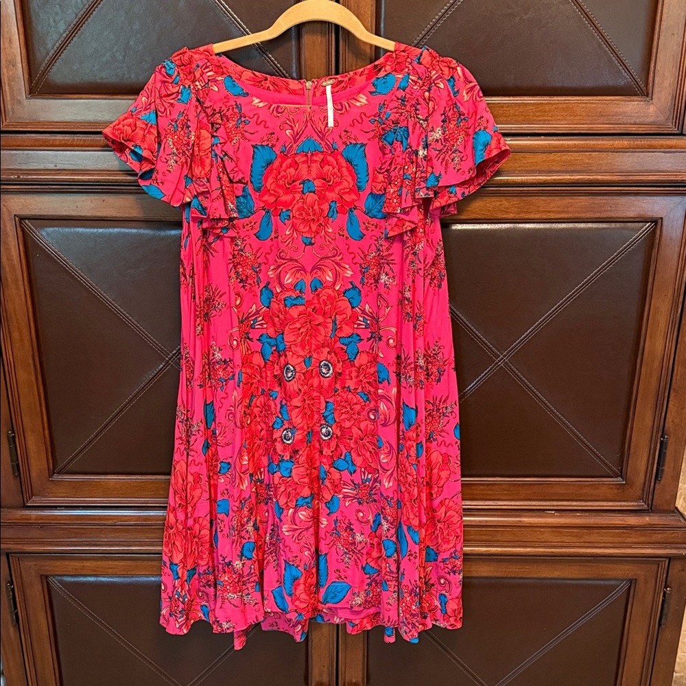 Free People Vibrant Pink Top with Blue Floral Accents